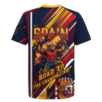 Spain Football Road To Championship Rugby Jersey Bull Mascot Flying Soccer Ball - Dynamic Speed Stripes