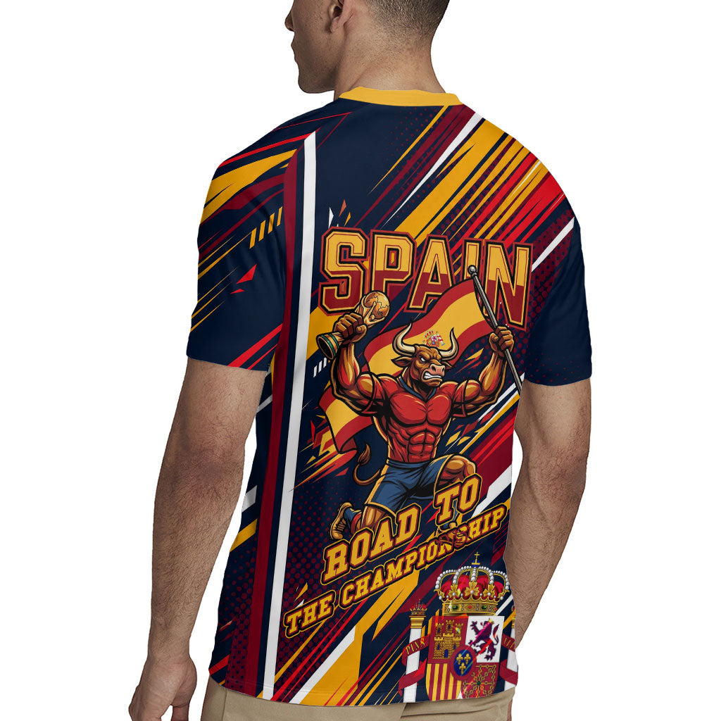 Spain Football Road To Championship Rugby Jersey Bull Mascot Flying Soccer Ball - Dynamic Speed Stripes