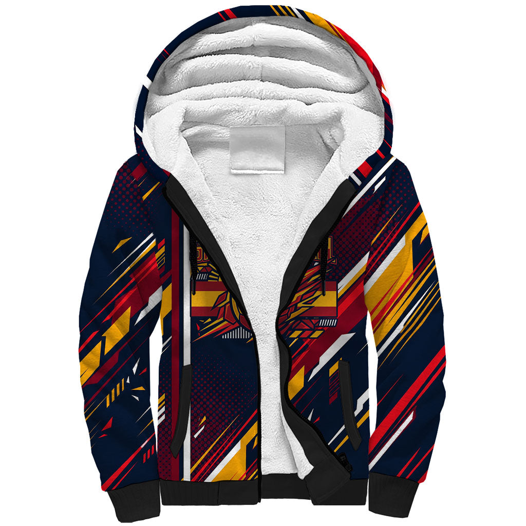 Spain Football Road To Championship Sherpa Hoodie Bull Mascot Flying Soccer Ball - Dynamic Speed Stripes