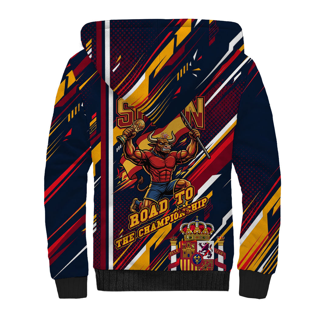 Spain Football Road To Championship Sherpa Hoodie Bull Mascot Flying Soccer Ball - Dynamic Speed Stripes