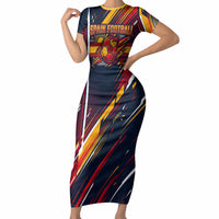 Spain Football Road To Championship Short Sleeve Bodycon Dress Bull Mascot Flying Soccer Ball - Dynamic Speed Stripes