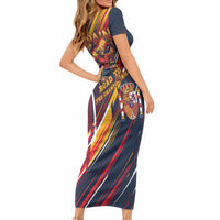 Spain Football Road To Championship Short Sleeve Bodycon Dress Bull Mascot Flying Soccer Ball - Dynamic Speed Stripes