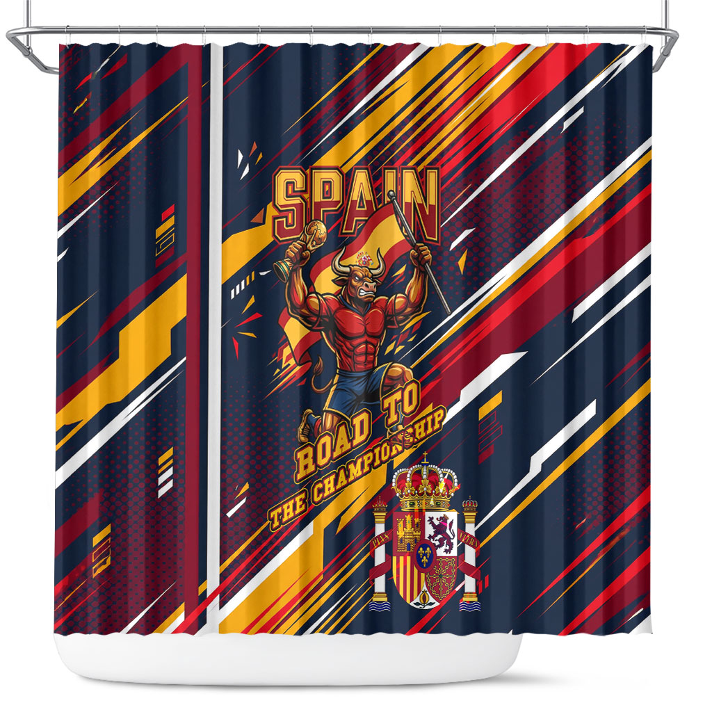 Spain Football Road To Championship Shower Curtain Bull Mascot Flying Soccer Ball - Dynamic Speed Stripes