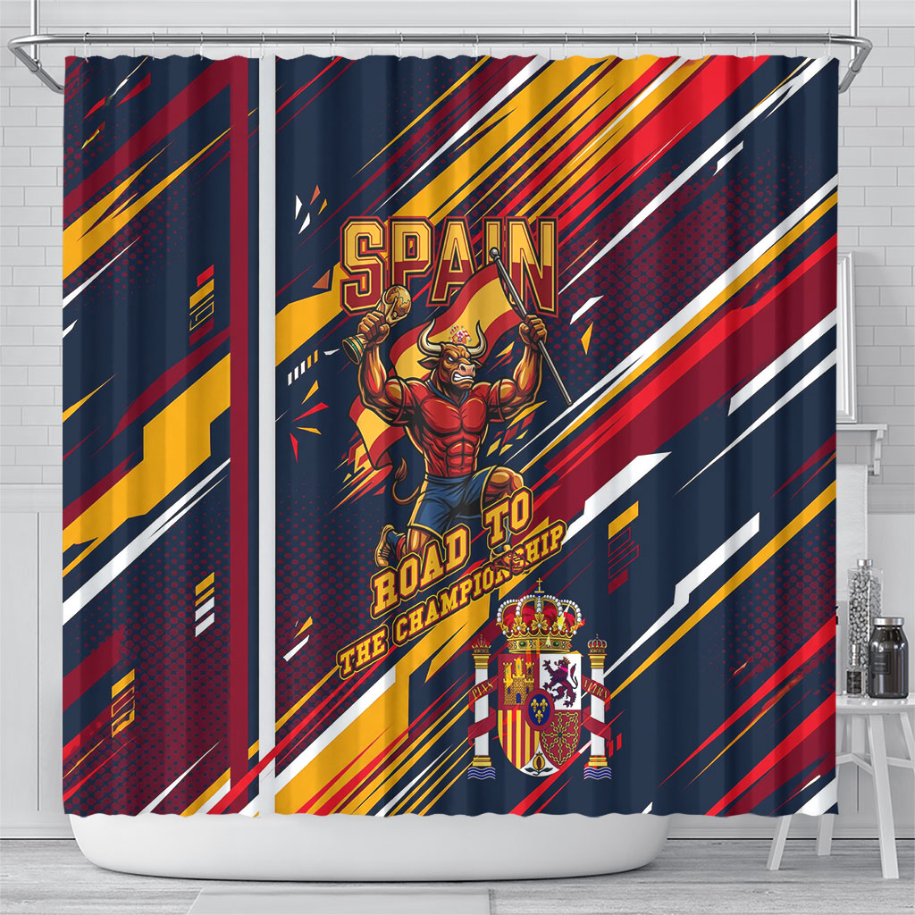 Spain Football Road To Championship Shower Curtain Bull Mascot Flying Soccer Ball - Dynamic Speed Stripes