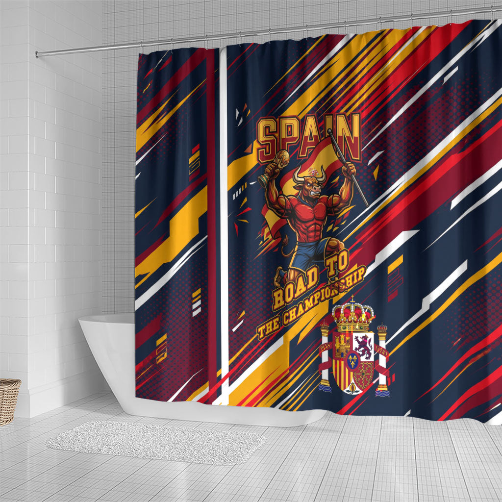 Spain Football Road To Championship Shower Curtain Bull Mascot Flying Soccer Ball - Dynamic Speed Stripes