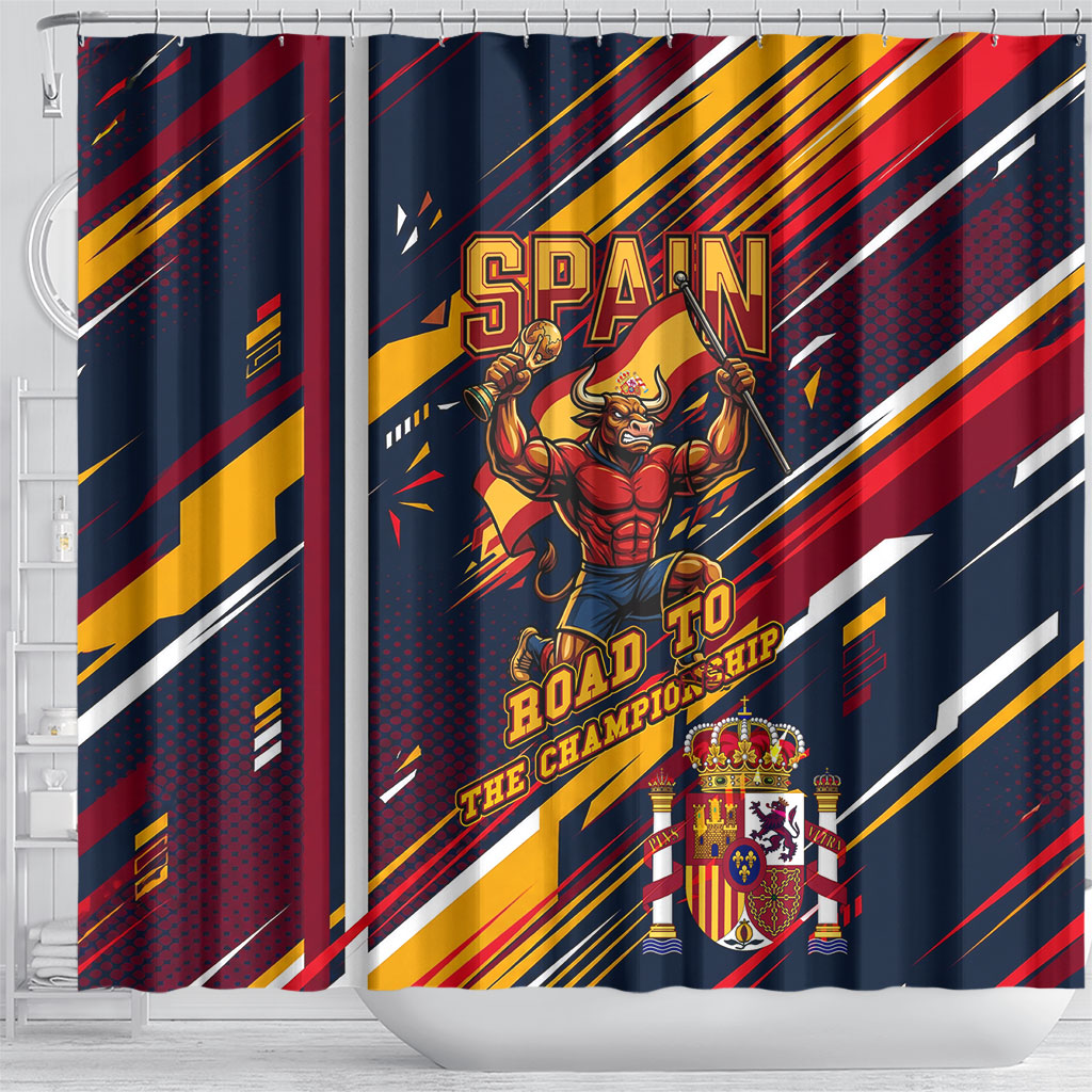 Spain Football Road To Championship Shower Curtain Bull Mascot Flying Soccer Ball - Dynamic Speed Stripes