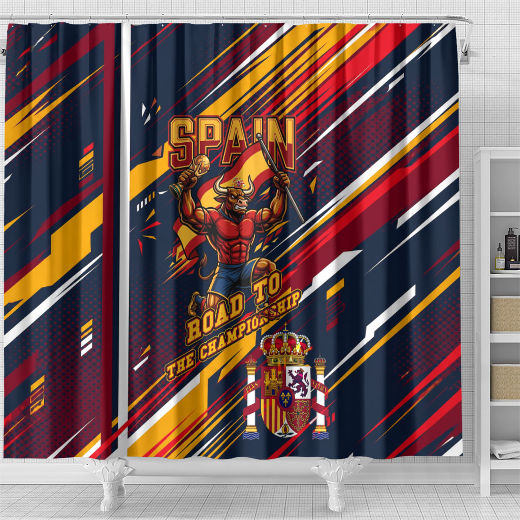 Spain Football Road To Championship Shower Curtain Bull Mascot Flying Soccer Ball - Dynamic Speed Stripes