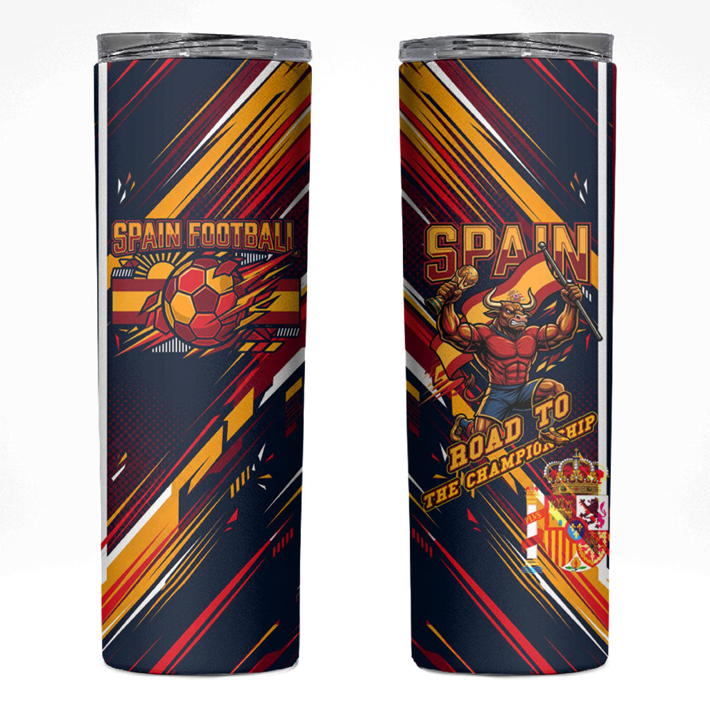 Spain Football Road To Championship Skinny Tumbler Bull Mascot Flying Soccer Ball - Dynamic Speed Stripes