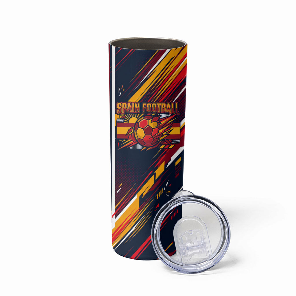 Spain Football Road To Championship Skinny Tumbler Bull Mascot Flying Soccer Ball - Dynamic Speed Stripes