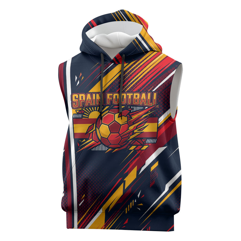 Spain Football Road To Championship Sleeveless Hoodie Bull Mascot Flying Soccer Ball - Dynamic Speed Stripes