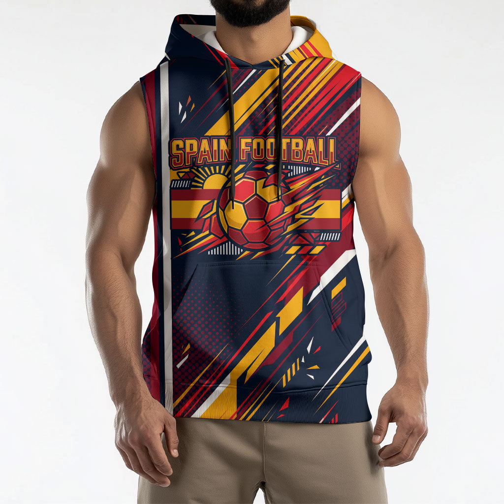 Spain Football Road To Championship Sleeveless Hoodie Bull Mascot Flying Soccer Ball - Dynamic Speed Stripes