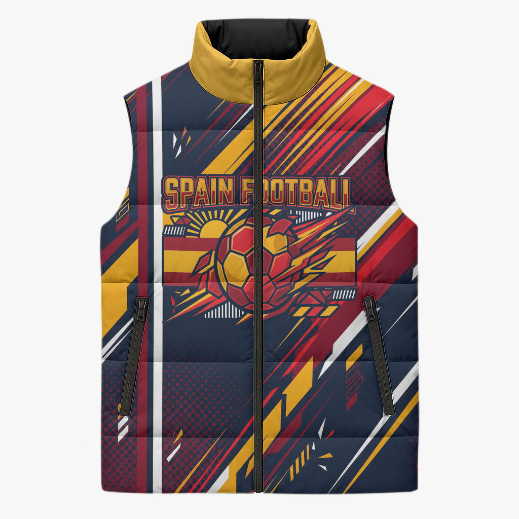 Spain Football Road To Championship Sleeveless Puffer Jacket Bull Mascot Flying Soccer Ball - Dynamic Speed Stripes