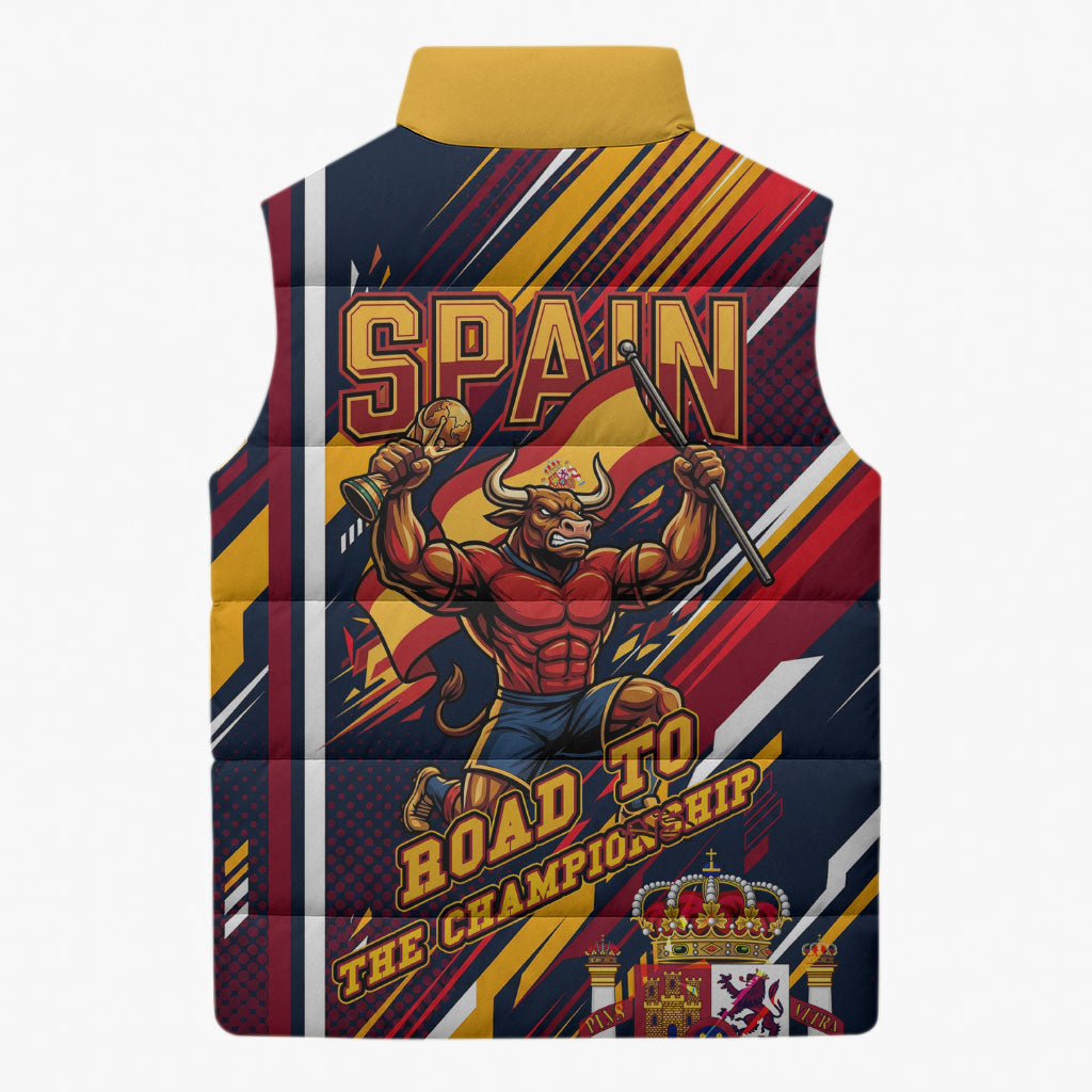 Spain Football Road To Championship Sleeveless Puffer Jacket Bull Mascot Flying Soccer Ball - Dynamic Speed Stripes
