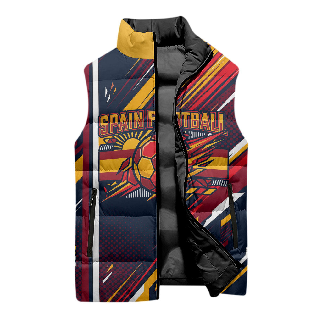 Spain Football Road To Championship Sleeveless Puffer Jacket Bull Mascot Flying Soccer Ball - Dynamic Speed Stripes