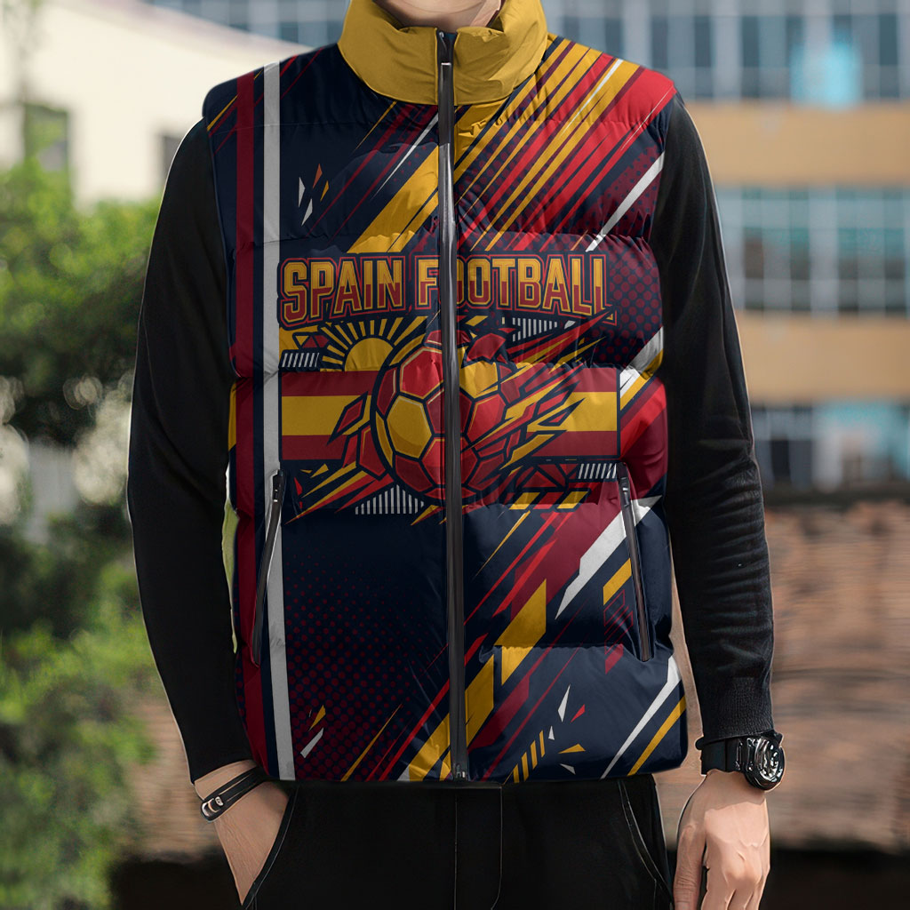 Spain Football Road To Championship Sleeveless Puffer Jacket Bull Mascot Flying Soccer Ball - Dynamic Speed Stripes