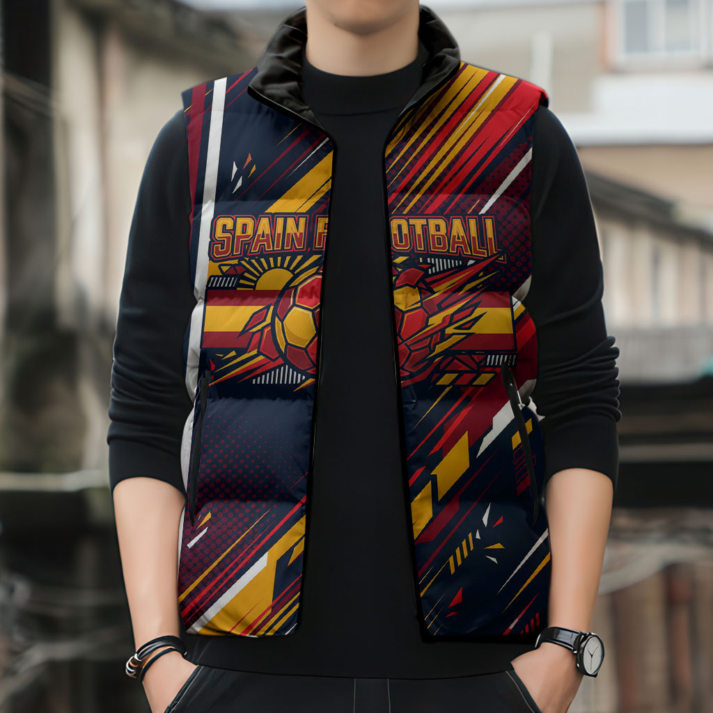 Spain Football Road To Championship Sleeveless Puffer Jacket Bull Mascot Flying Soccer Ball - Dynamic Speed Stripes