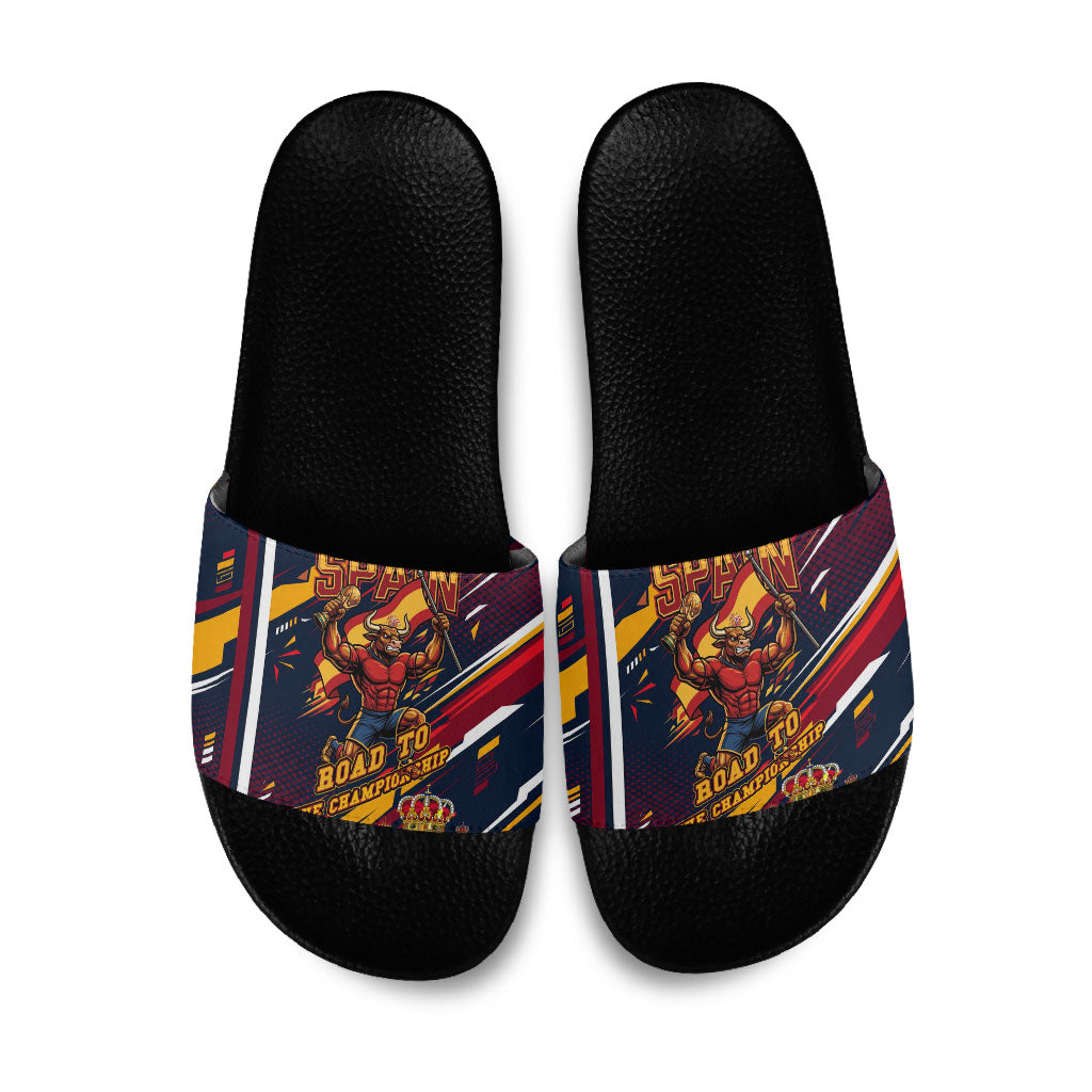 Spain Football Road To Championship Slide Sandals Bull Mascot Flying Soccer Ball - Dynamic Speed Stripes