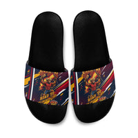 Spain Football Road To Championship Slide Sandals Bull Mascot Flying Soccer Ball - Dynamic Speed Stripes