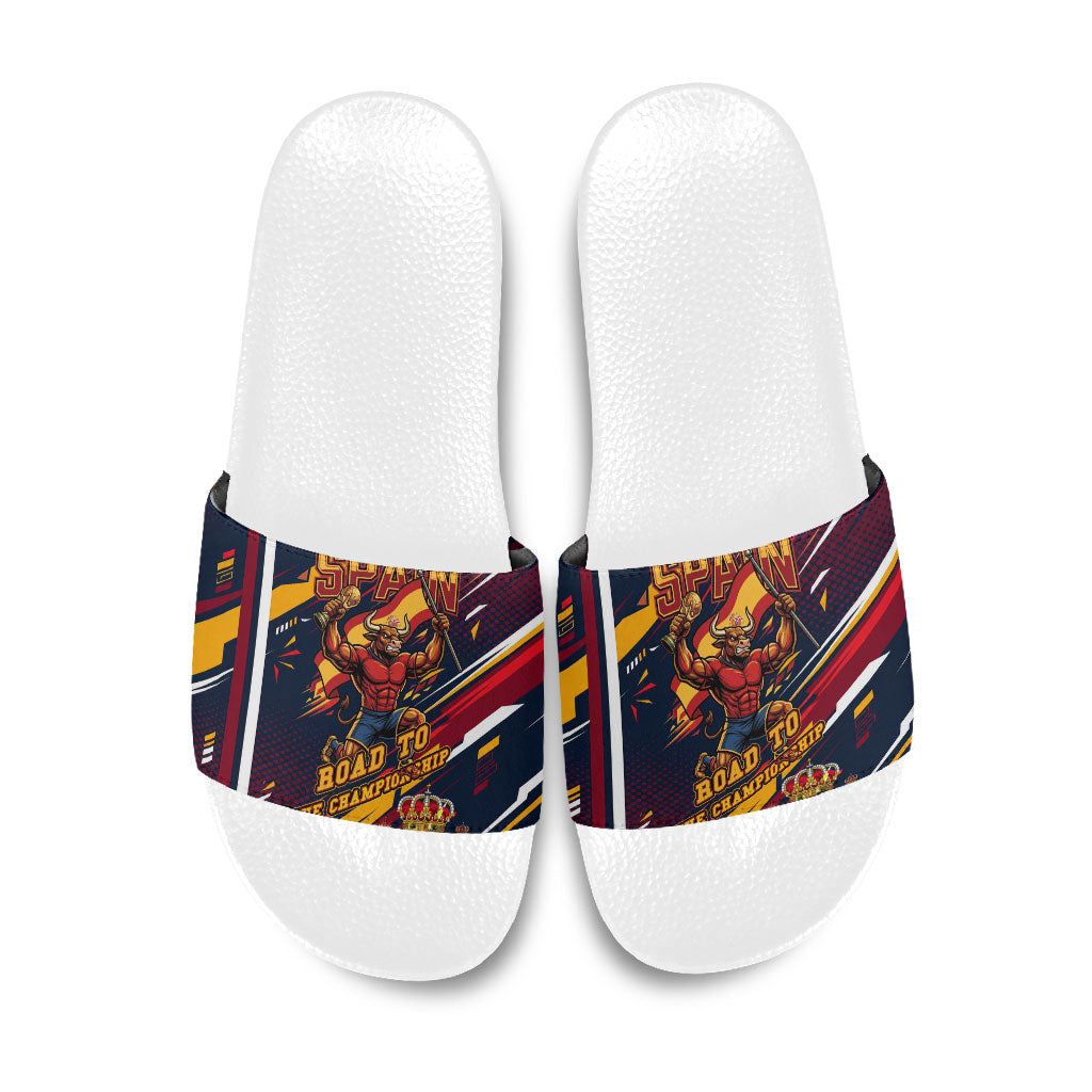 Spain Football Road To Championship Slide Sandals Bull Mascot Flying Soccer Ball - Dynamic Speed Stripes