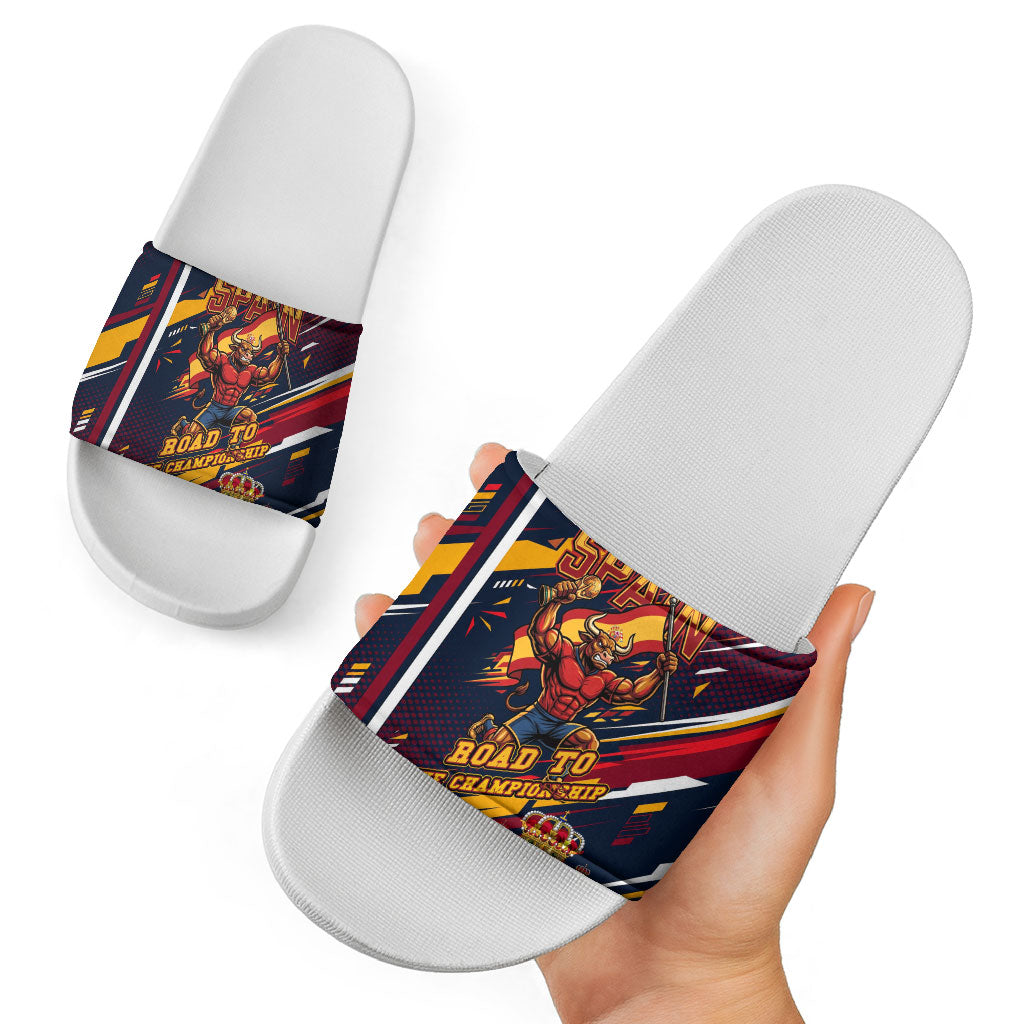 Spain Football Road To Championship Slide Sandals Bull Mascot Flying Soccer Ball - Dynamic Speed Stripes