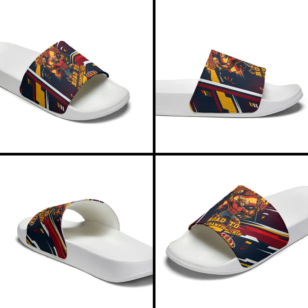 Spain Football Road To Championship Slide Sandals Bull Mascot Flying Soccer Ball - Dynamic Speed Stripes