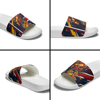 Spain Football Road To Championship Slide Sandals Bull Mascot Flying Soccer Ball - Dynamic Speed Stripes
