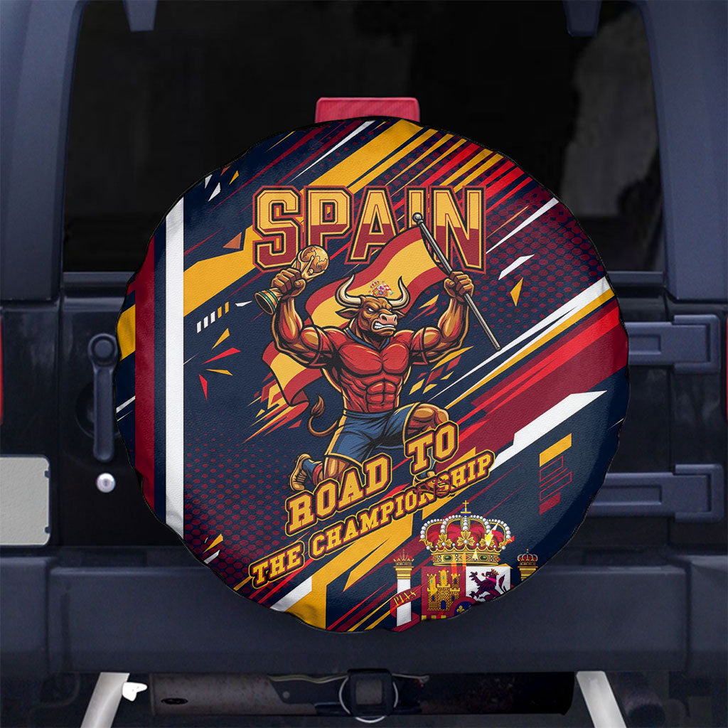 Spain Football Road To Championship Spare Tire Cover Bull Mascot Flying Soccer Ball - Dynamic Speed Stripes