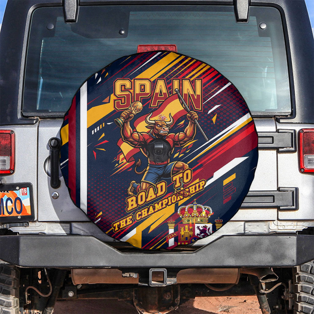 Spain Football Road To Championship Spare Tire Cover Bull Mascot Flying Soccer Ball - Dynamic Speed Stripes