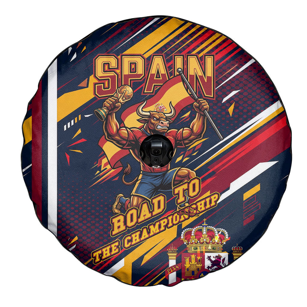Spain Football Road To Championship Spare Tire Cover Bull Mascot Flying Soccer Ball - Dynamic Speed Stripes