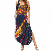 Spain Football Road To Championship Summer Maxi Dress Bull Mascot Flying Soccer Ball - Dynamic Speed Stripes