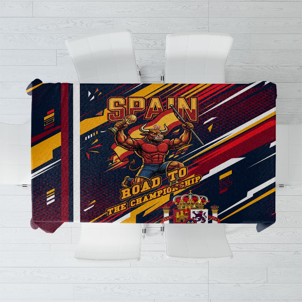 Spain Football Road To Championship Tablecloth Bull Mascot Flying Soccer Ball - Dynamic Speed Stripes