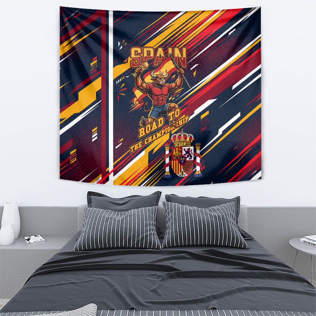 Spain Football Road To Championship Tapestry Bull Mascot Flying Soccer Ball - Dynamic Speed Stripes