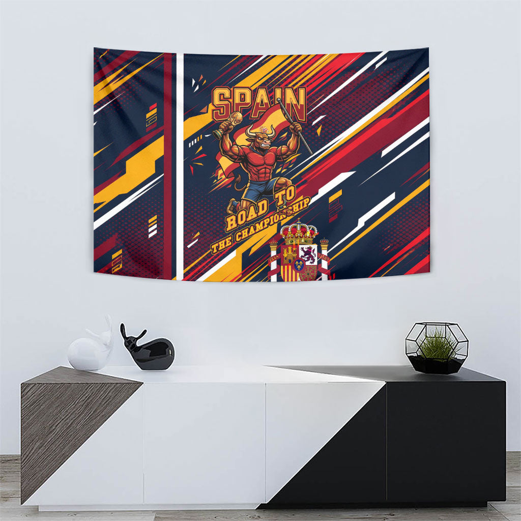 Spain Football Road To Championship Tapestry Bull Mascot Flying Soccer Ball - Dynamic Speed Stripes