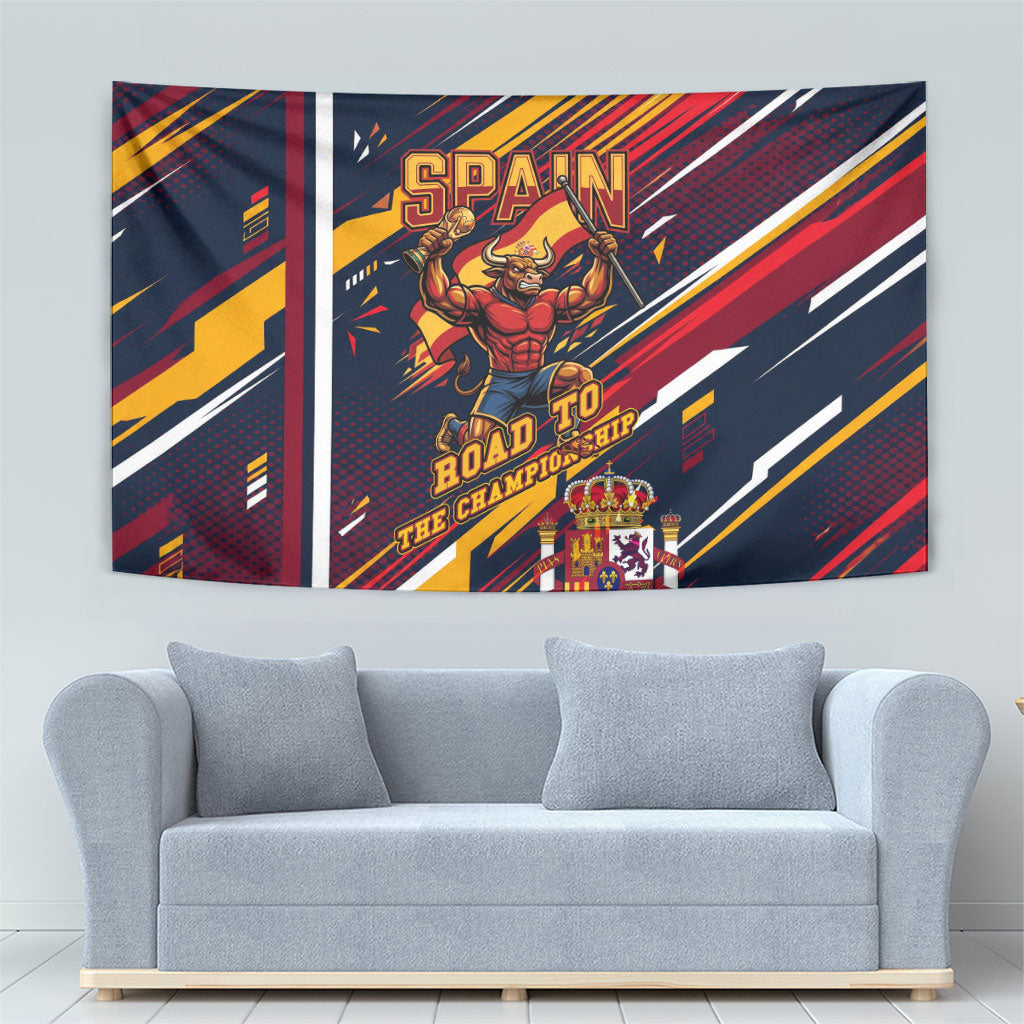 Spain Football Road To Championship Tapestry Bull Mascot Flying Soccer Ball - Dynamic Speed Stripes