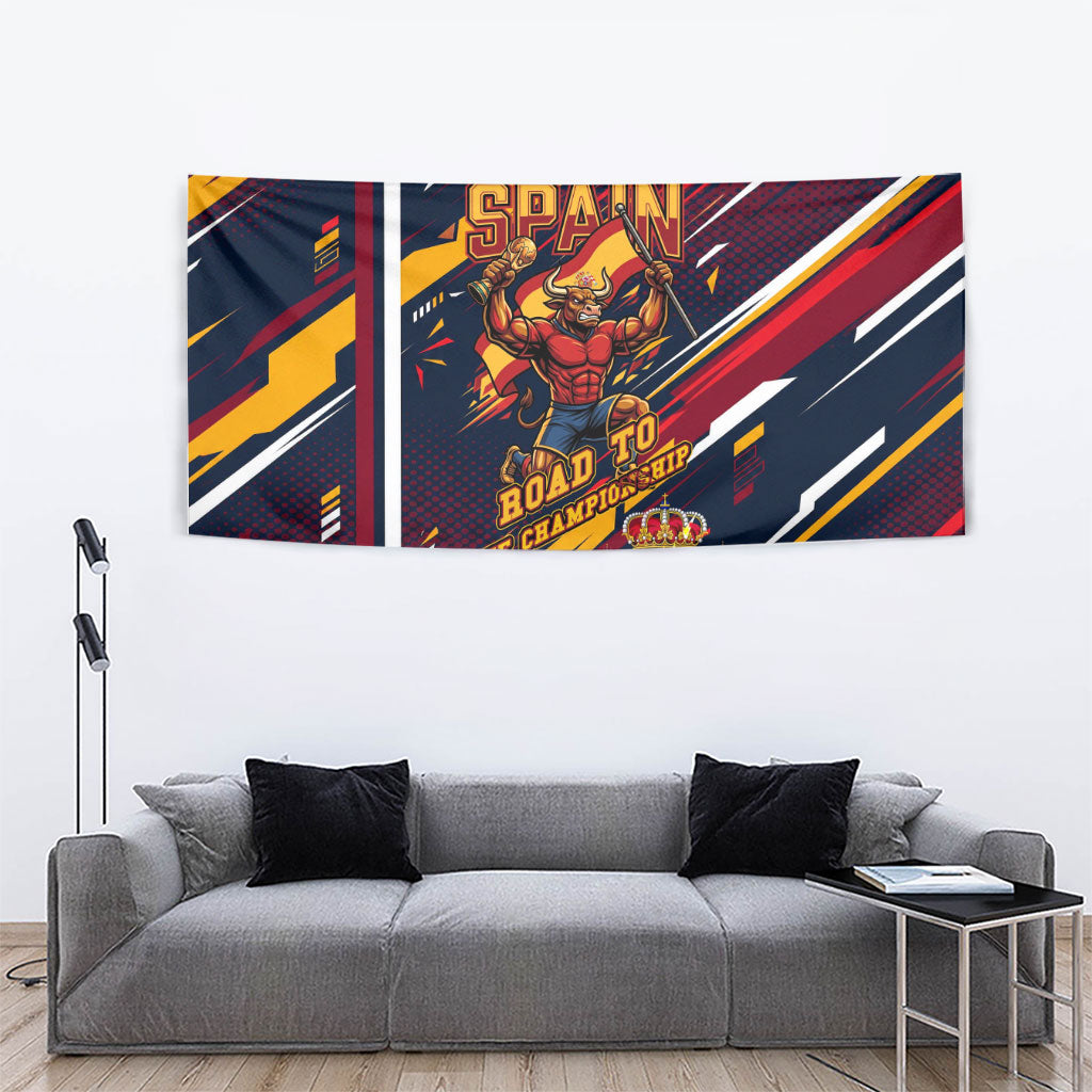 Spain Football Road To Championship Tapestry Bull Mascot Flying Soccer Ball - Dynamic Speed Stripes