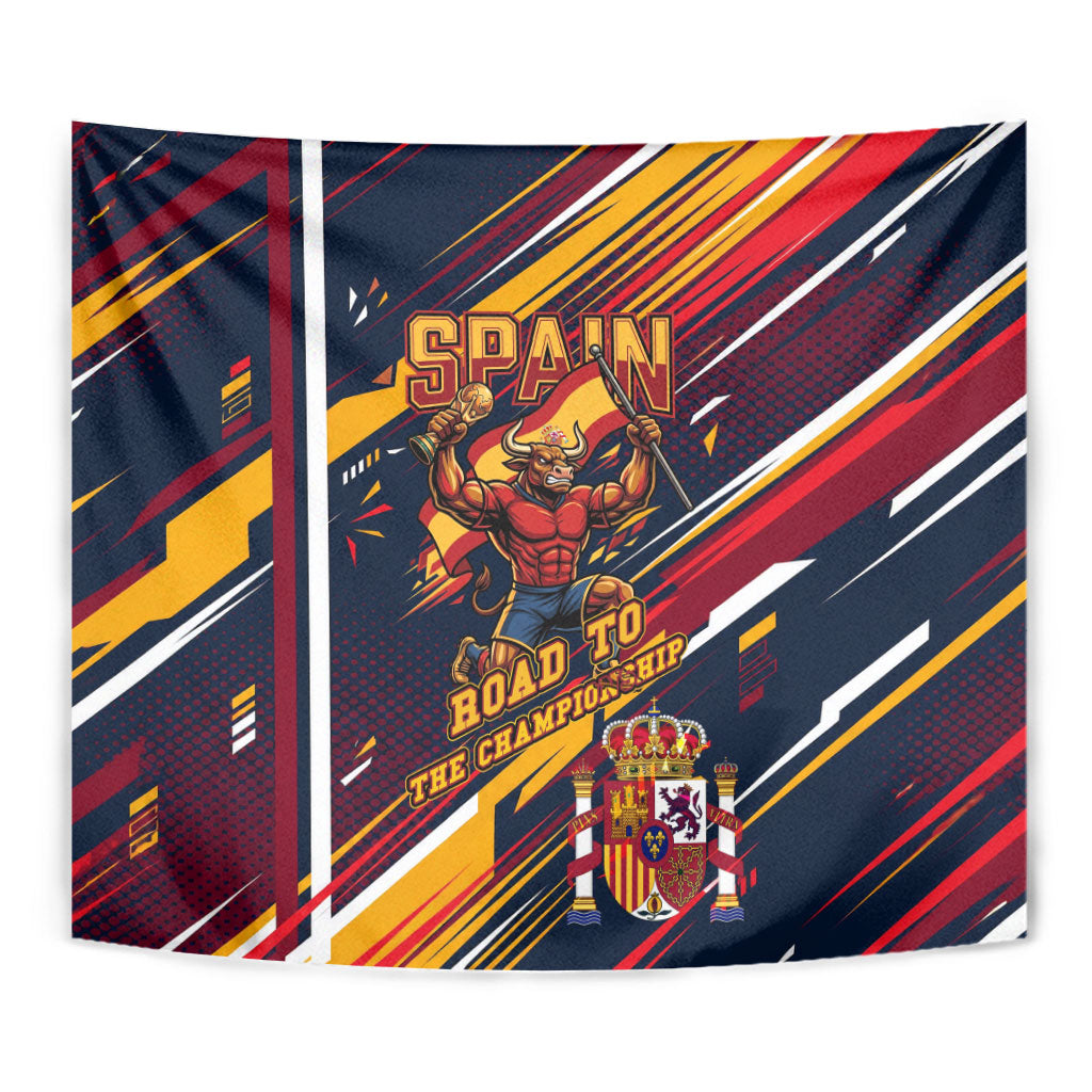 Spain Football Road To Championship Tapestry Bull Mascot Flying Soccer Ball - Dynamic Speed Stripes