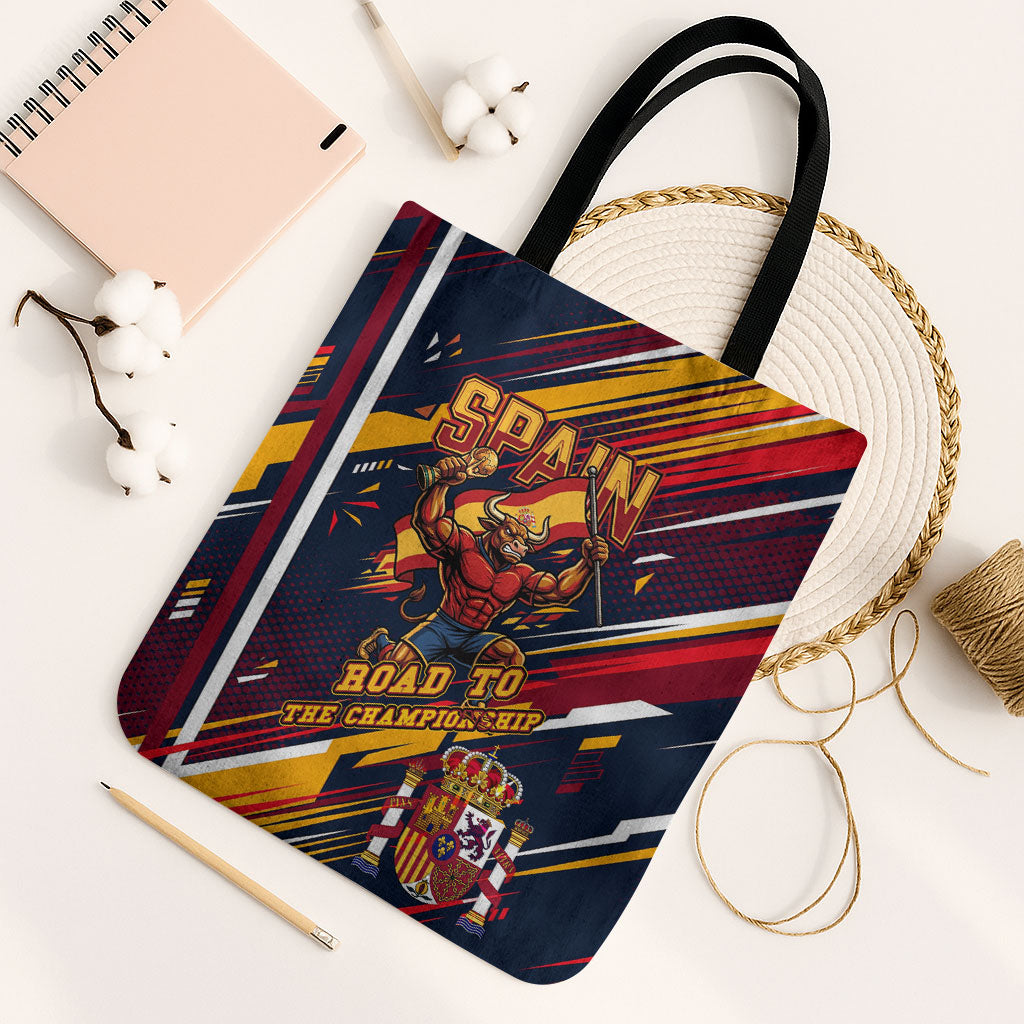 Spain Football Road To Championship Tote Bag Bull Mascot Flying Soccer Ball - Dynamic Speed Stripes