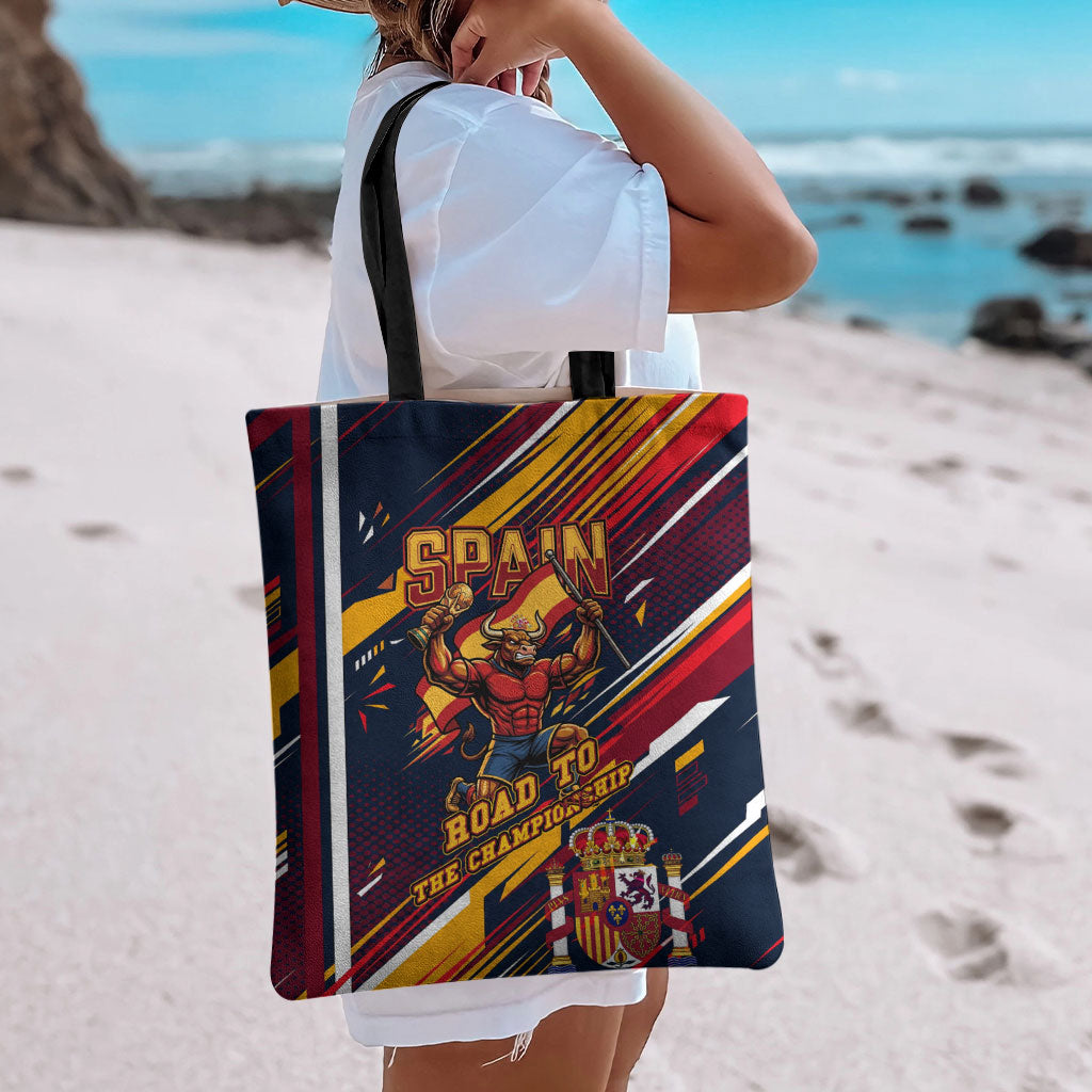 Spain Football Road To Championship Tote Bag Bull Mascot Flying Soccer Ball - Dynamic Speed Stripes