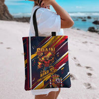 Spain Football Road To Championship Tote Bag Bull Mascot Flying Soccer Ball - Dynamic Speed Stripes