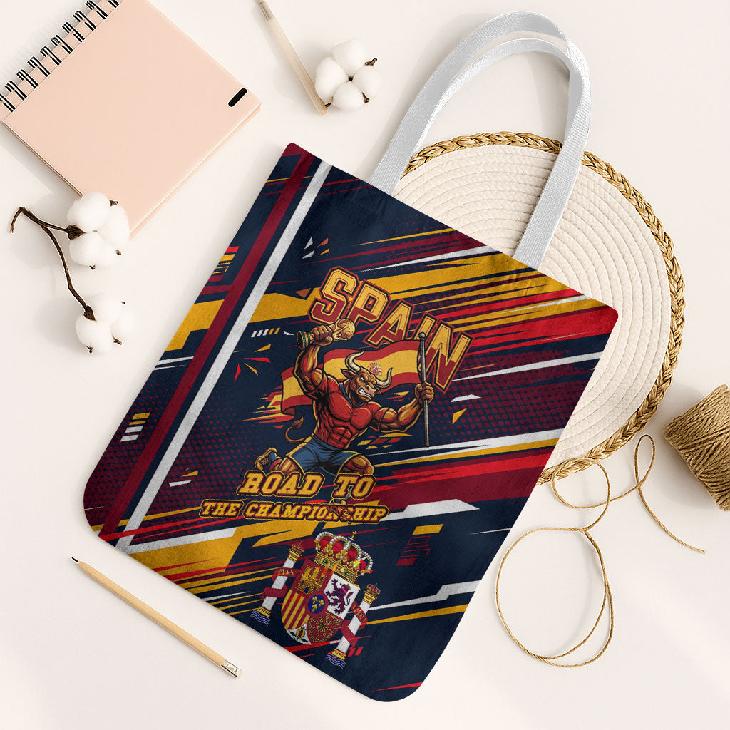 Spain Football Road To Championship Tote Bag Bull Mascot Flying Soccer Ball - Dynamic Speed Stripes