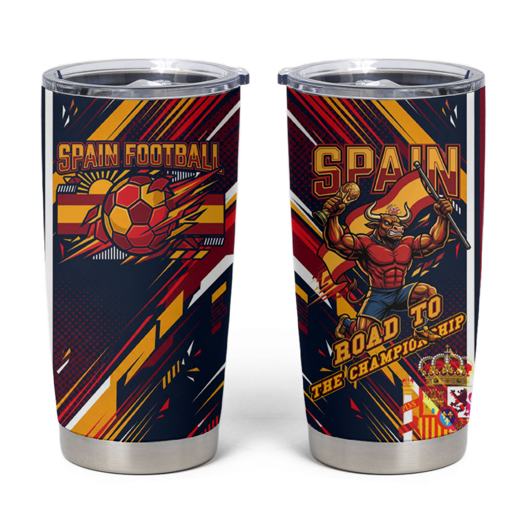 Spain Football Road To Championship Tumbler Cup Bull Mascot Flying Soccer Ball - Dynamic Speed Stripes