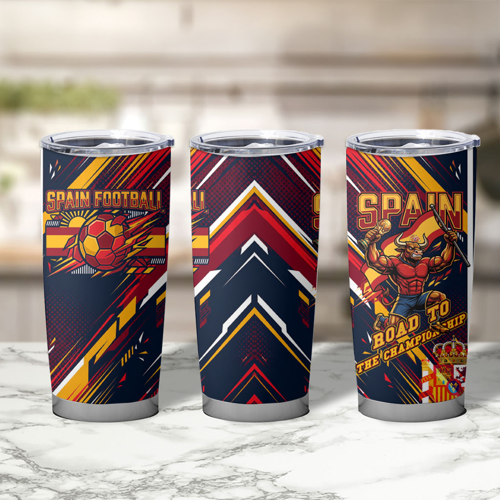 Spain Football Road To Championship Tumbler Cup Bull Mascot Flying Soccer Ball - Dynamic Speed Stripes