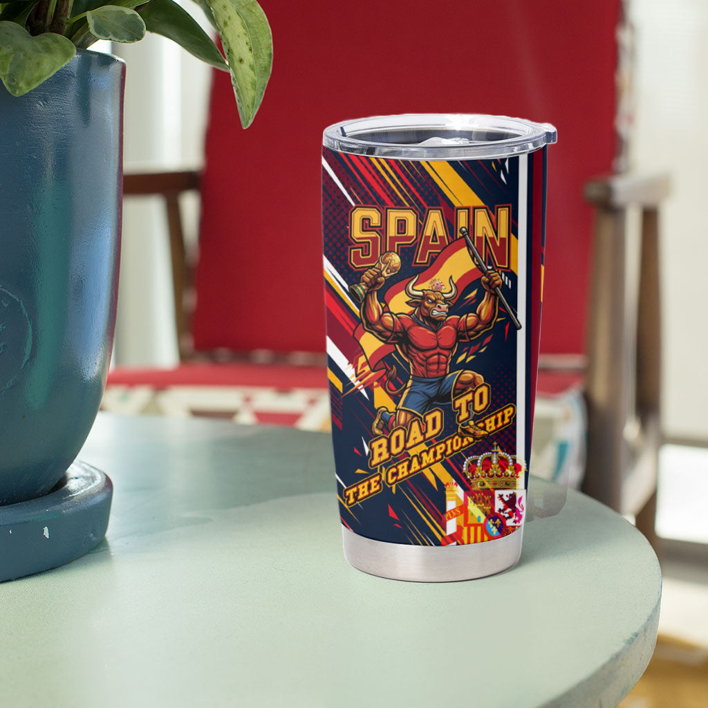 Spain Football Road To Championship Tumbler Cup Bull Mascot Flying Soccer Ball - Dynamic Speed Stripes
