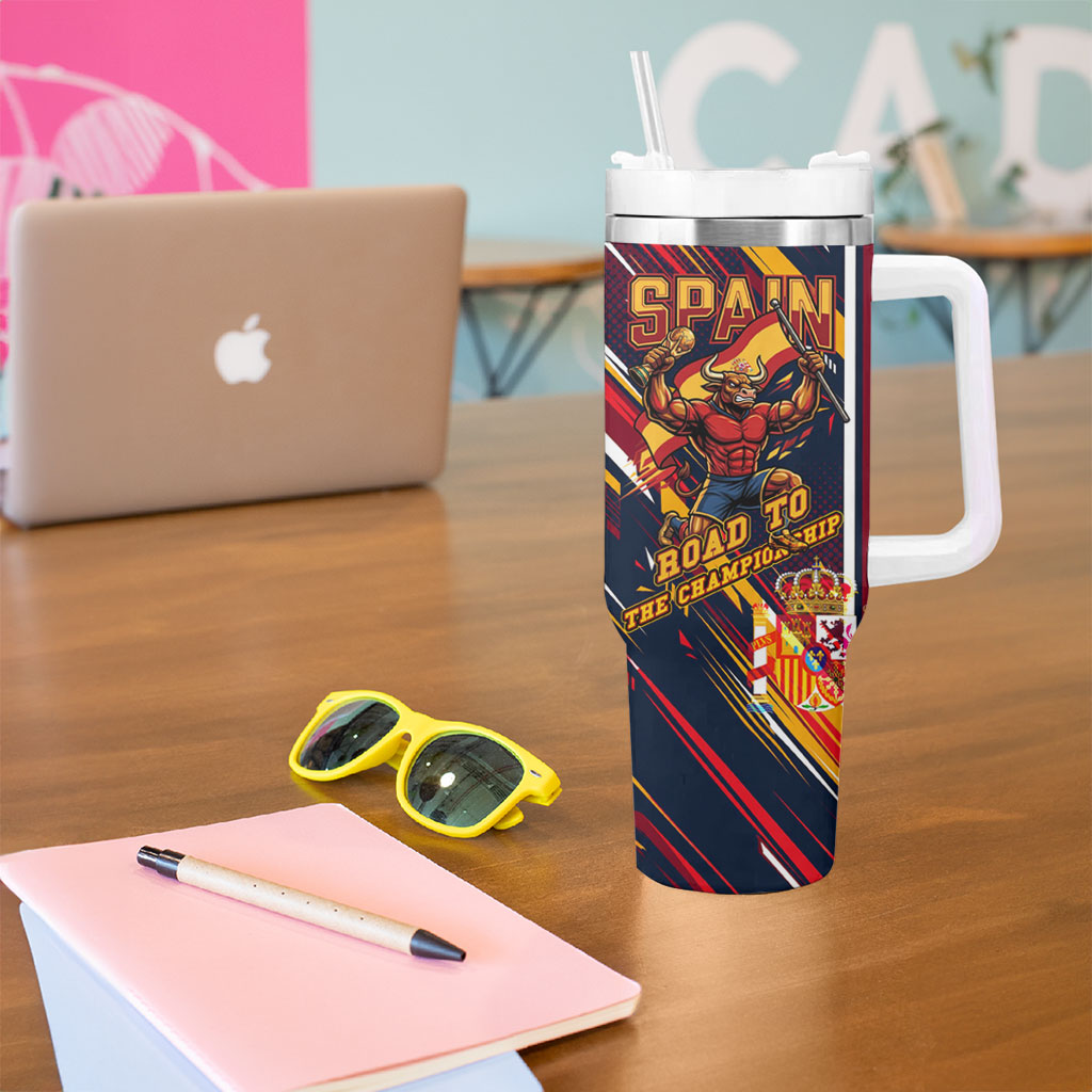 Spain Football Road To Championship Tumbler With Handle Bull Mascot Flying Soccer Ball - Dynamic Speed Stripes