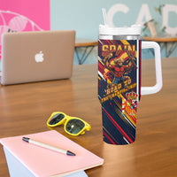 Spain Football Road To Championship Tumbler With Handle Bull Mascot Flying Soccer Ball - Dynamic Speed Stripes