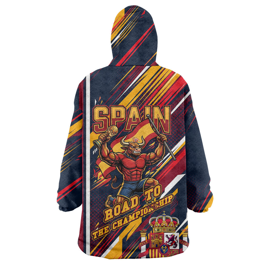 Spain Football Road To Championship Wearable Blanket Hoodie Bull Mascot Flying Soccer Ball - Dynamic Speed Stripes