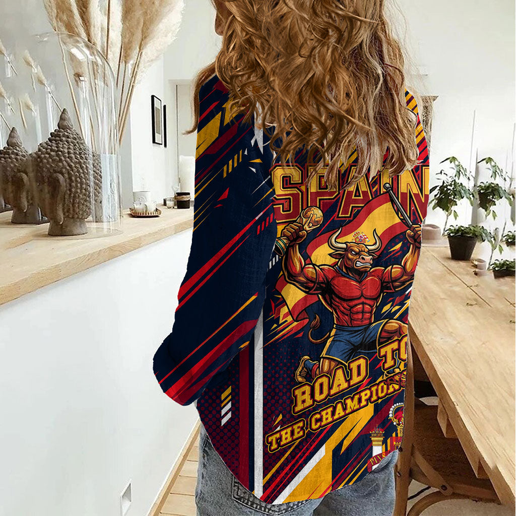 Spain Football Road To Championship Women Casual Shirt Bull Mascot Flying Soccer Ball - Dynamic Speed Stripes