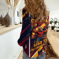 Spain Football Road To Championship Women Casual Shirt Bull Mascot Flying Soccer Ball - Dynamic Speed Stripes