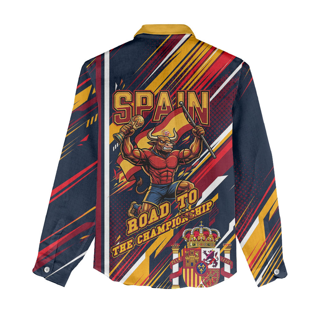 Spain Football Road To Championship Women Casual Shirt Bull Mascot Flying Soccer Ball - Dynamic Speed Stripes