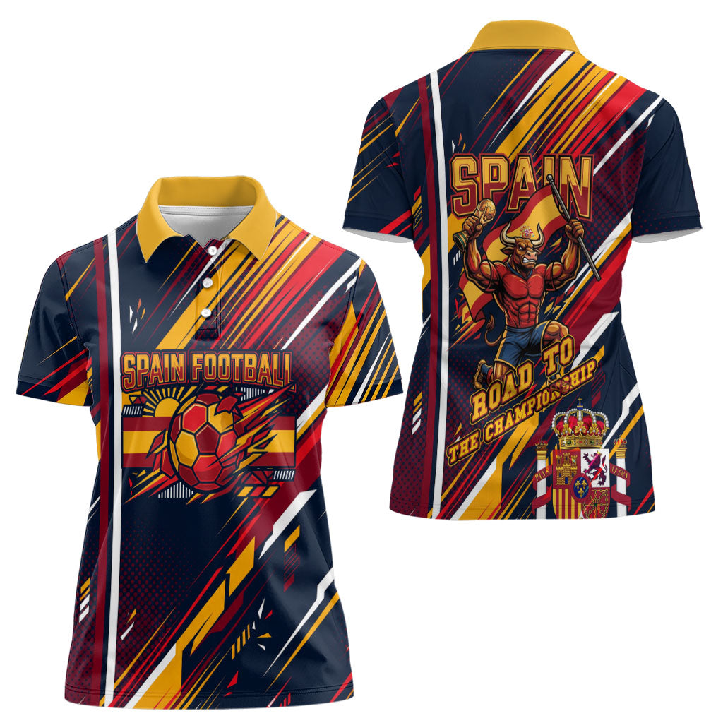 Spain Football Road To Championship Women Polo Shirt Bull Mascot Flying Soccer Ball - Dynamic Speed Stripes